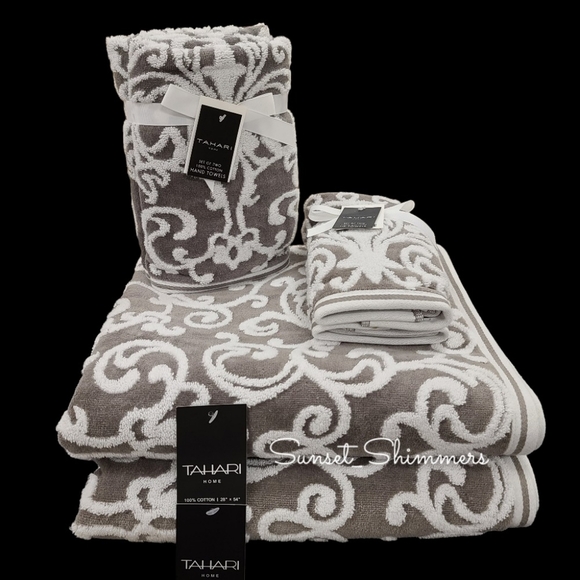 Tahari Bath 6pc Tahari Gray White Scroll Damask Luxury Plush Bath